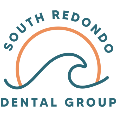 Logo for South Redondo Dental Group featuring the name in blue-green curved text around an orange arch and a blue-green wave design on a light background.