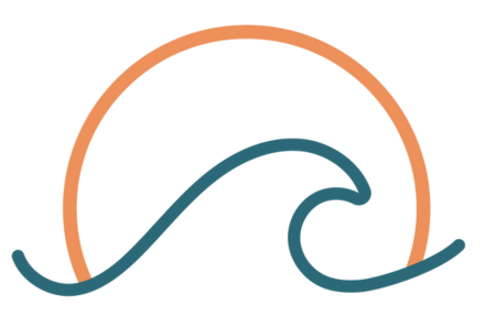 A minimalist design featuring an orange semicircle above a teal wave line, resembling a sun setting over the ocean, on a light background.