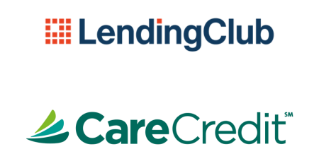 Logos for LendingClub and CareCredit, with LendingClub’s name in navy blue and a red square grid, and CareCredit’s name in green with a teal and green abstract symbol—ideal options for new patients seeking flexible payment solutions.