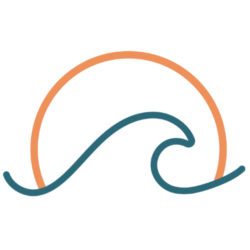 Minimalist illustration of a blue wave with an orange semicircle above it, resembling a sun setting over the ocean—evoking calm and care, much like South Redondo Dental’s welcoming environment—on a light gray background.