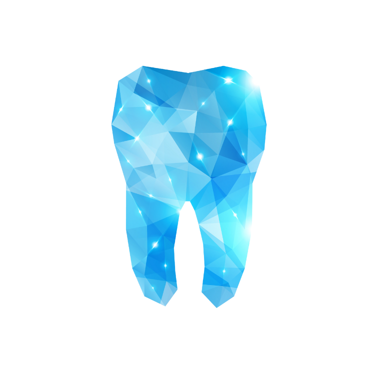 A stylized illustration of a tooth made up of blue geometric polygon shapes with sparkling highlights, inspired by CAD/CAM technology, set against a light gray background.