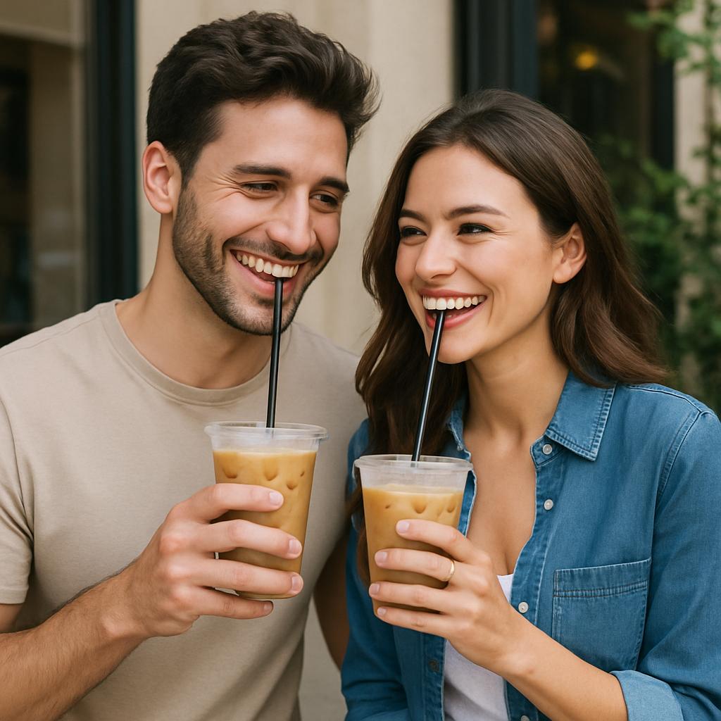 A couple smiling and drinking ice lattes.
